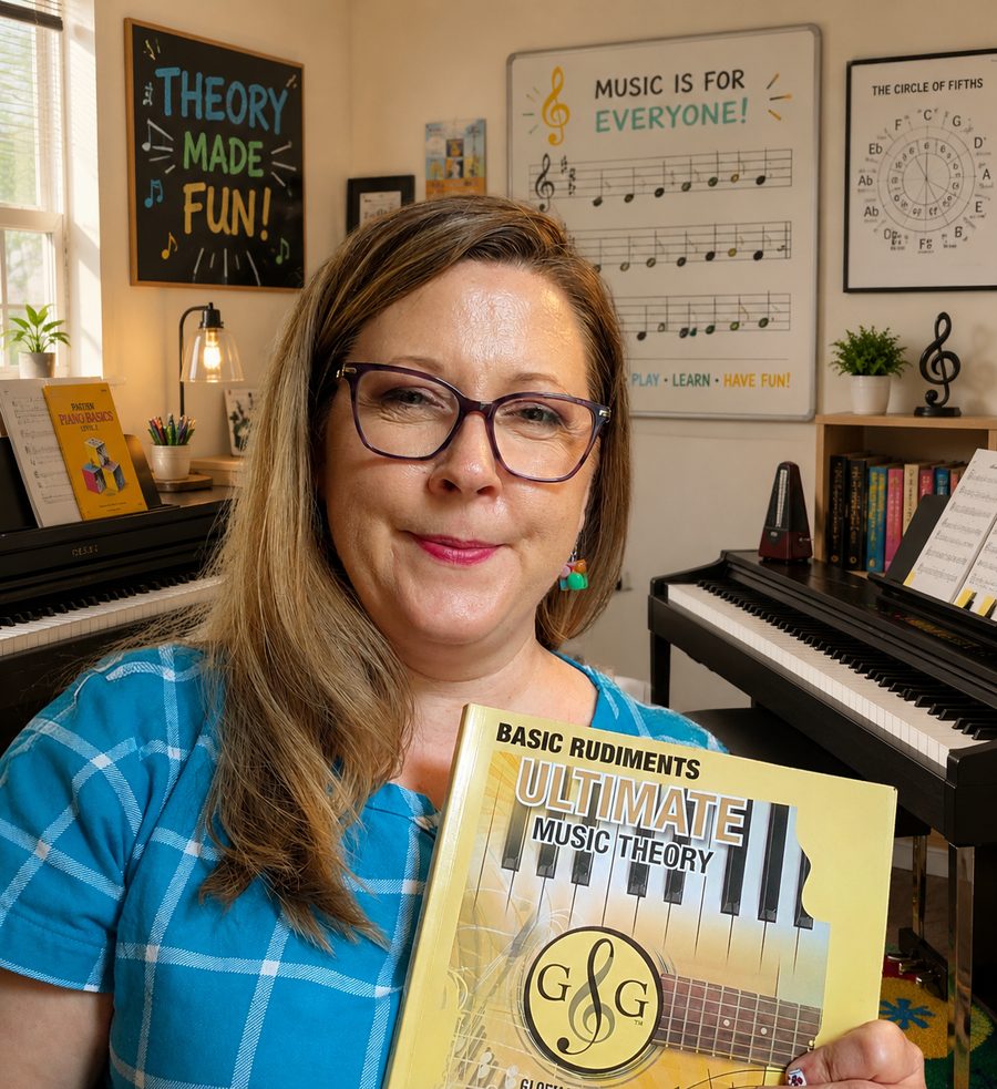 Christine Lucas in her music studio holding the Ultimate Music Theory Basic Rudiments workbook, with a hand-lettered "Theory Made Fun!" sign on the wall