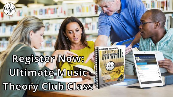 A group of adult students studying an Ultimate Music Theory workbook and a tablet together at a library table